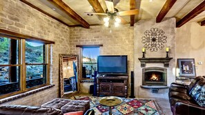 TV, fireplace, DVD player, books