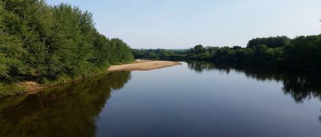 A calm river with dense greenery on both sides.