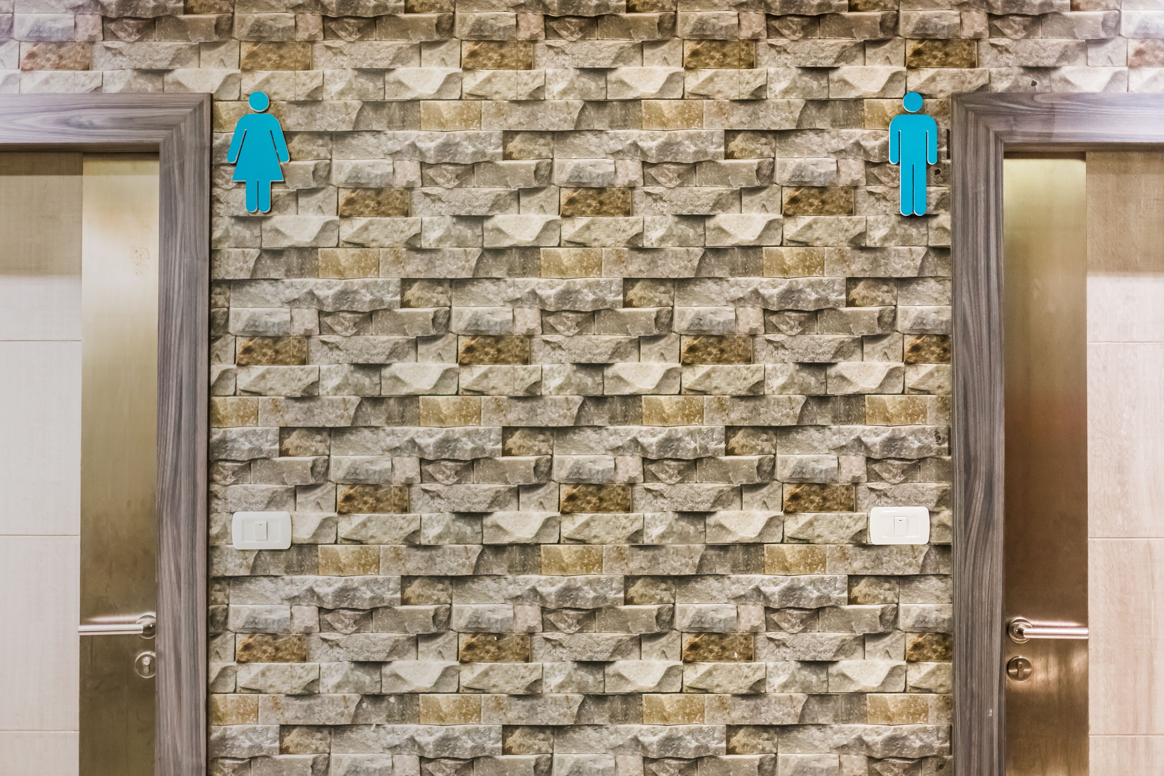 A wall with a stone pattern and two gender symbols above a door.
