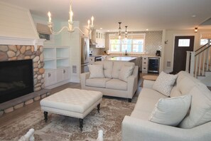 Smart TV, fireplace, books