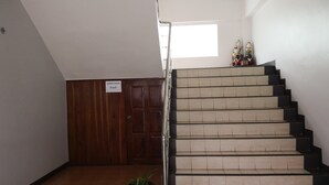 Una escalera con una puerta de madera y una planta en maceta.