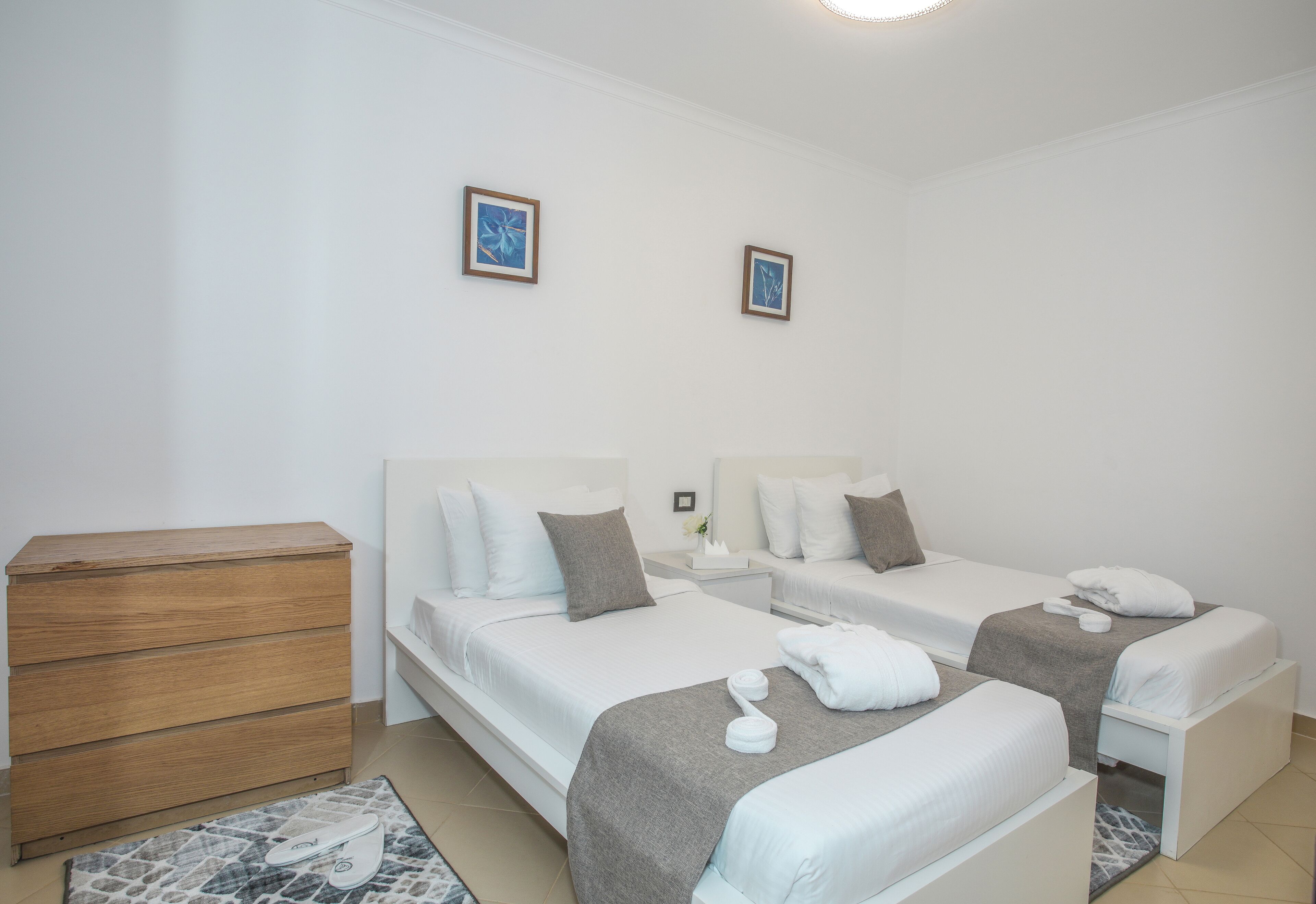 A hotel room with two single beds, a wooden dresser, and a small rug.