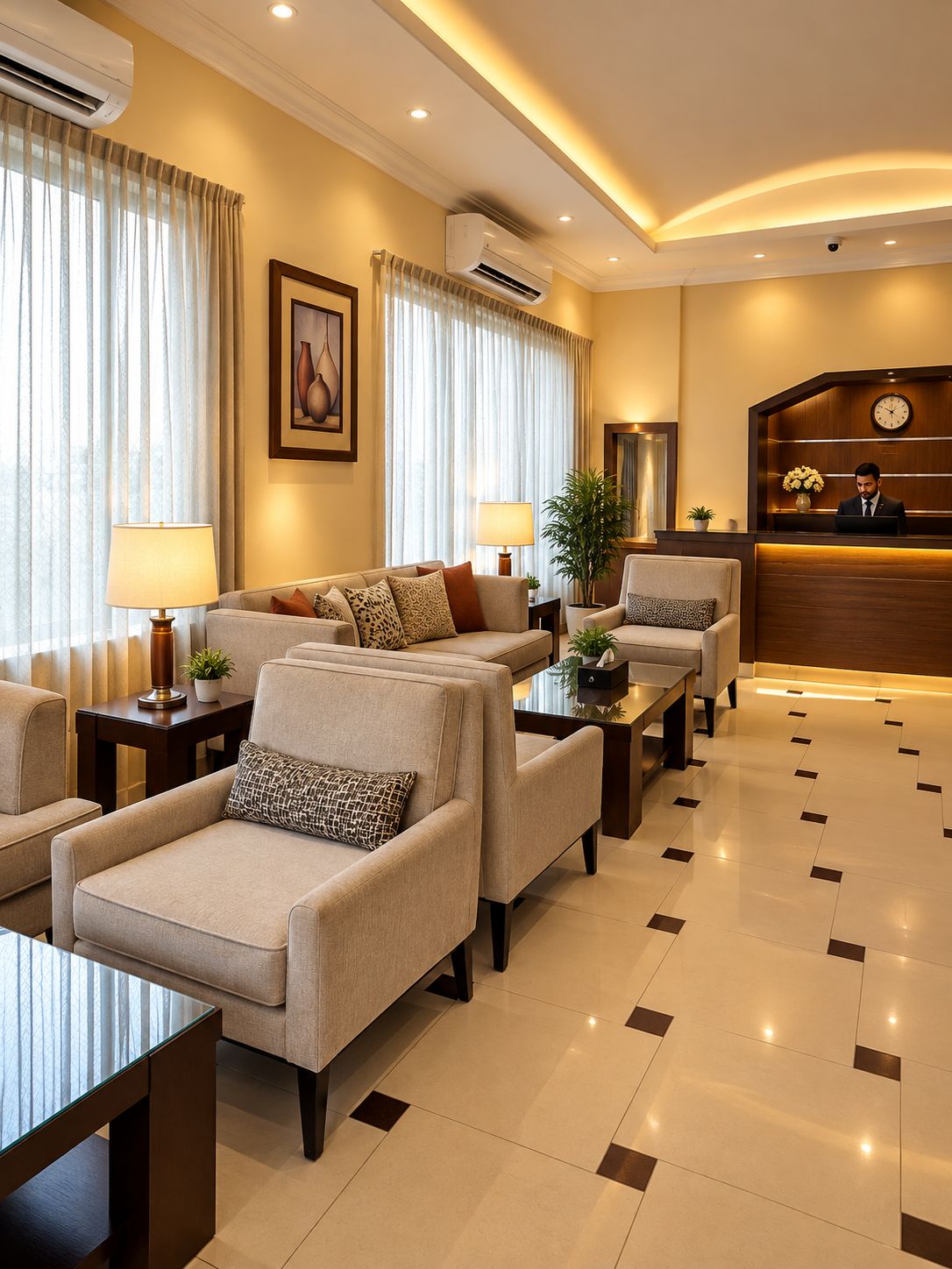 A hotel lobby with a reception desk, seating area with sofas and armchairs, and a large window with curtains.