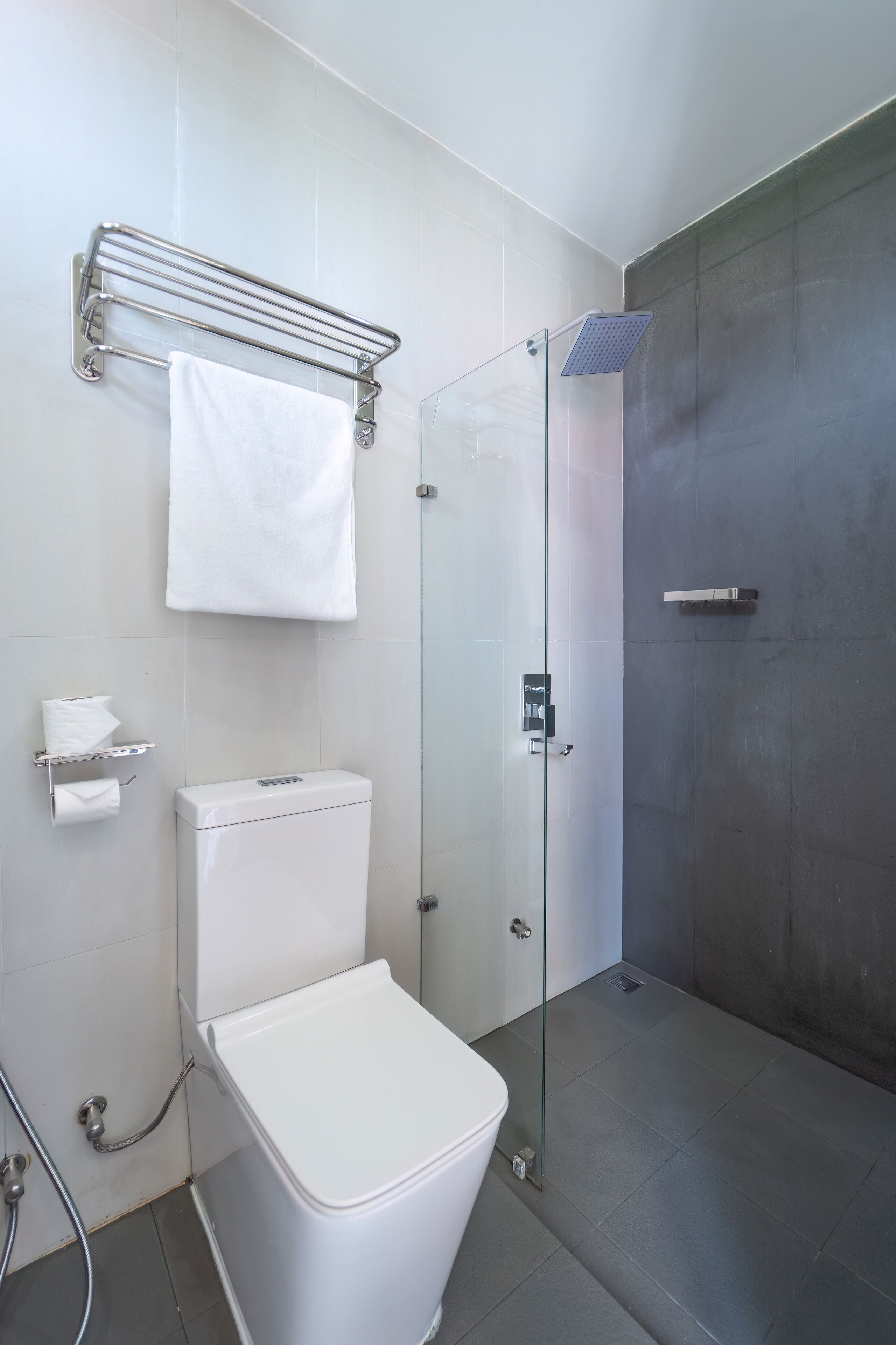 A modern bathroom with a glass shower enclosure, a white toilet, and a towel rack.