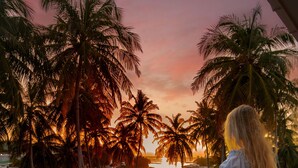 A balcony with a view of palm trees and a sunset over the water. - Silver Oasis Maldives (Huraa)
