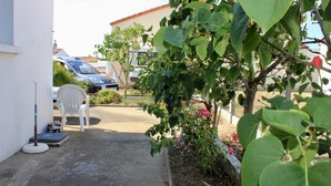 Una strada residenziale con un muro bianco, una sedia di plastica bianca e un piccolo giardino con piante verdi e fiori rosa.