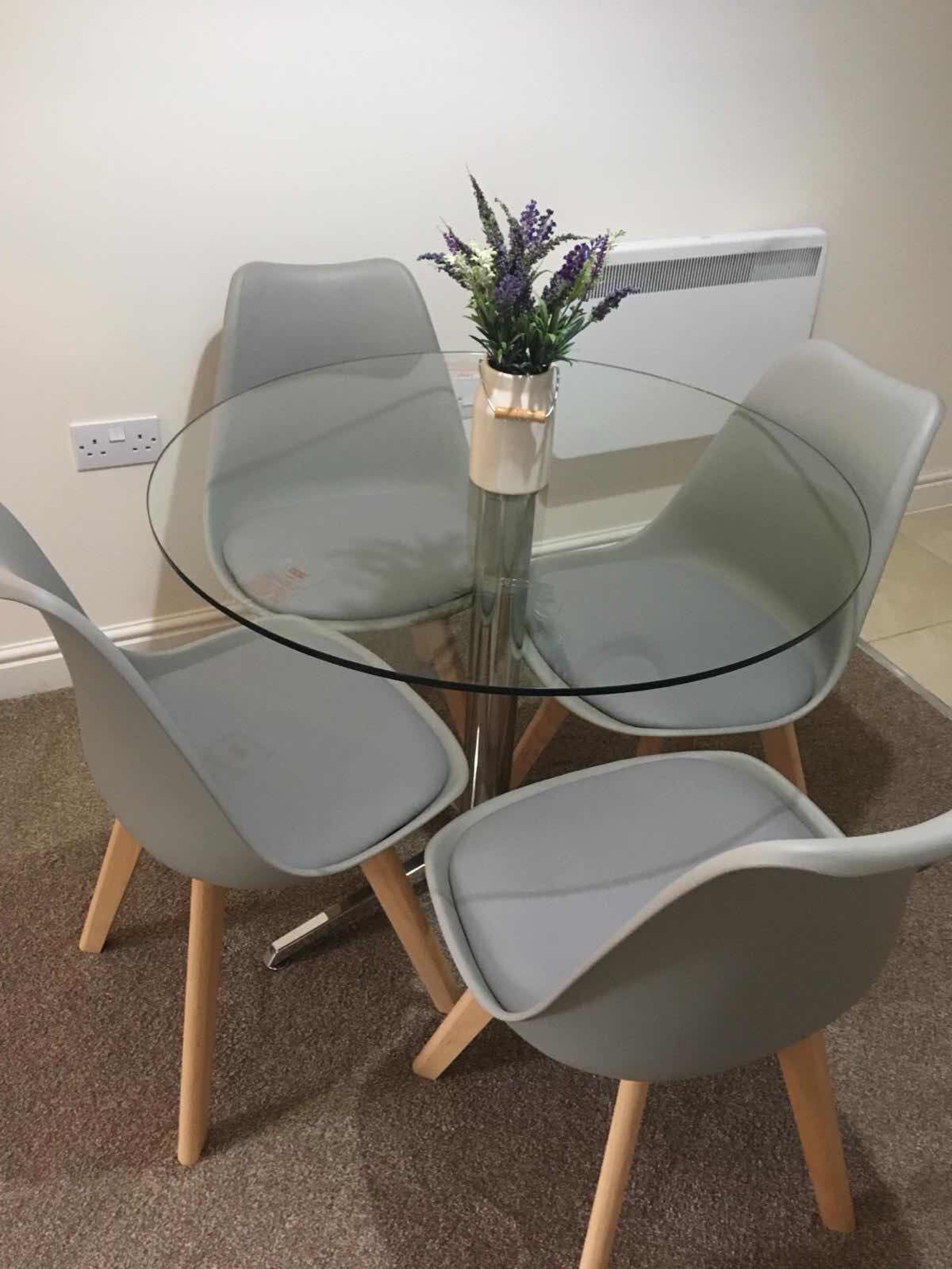 Una mesa redonda de cristal con cuatro sillas grises, una planta pequeña en maceta y un radiador blanco al fondo.