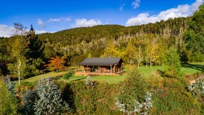 A cabin with a porch and a deck, surrounded by dense forest and a clear sky. - Triple Tui - Log cabin, self contained, river side (Murchison)