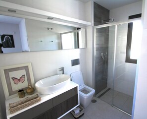 Shower, hair dryer, towels, soap