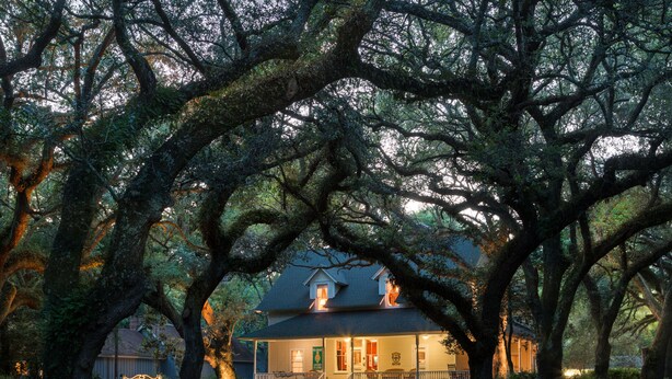 A house with a porch, surrounded by large trees. - Magnolia Springs B&B (Magnolia Springs)
