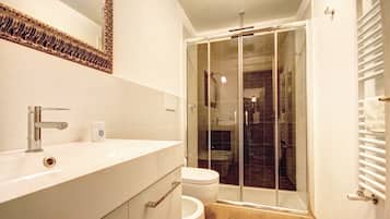 Shower, hair dryer, bidet, towels
