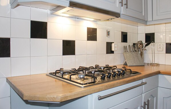 Fridge, stovetop, dishwasher, coffee/tea maker