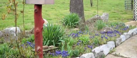 A mailbox mounted on a red post in a landscaped garden with blue flowers and a stone border.