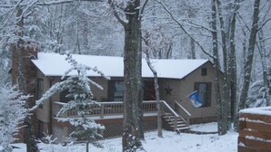 A cabin with a covered deck, surrounded by snow-covered trees.