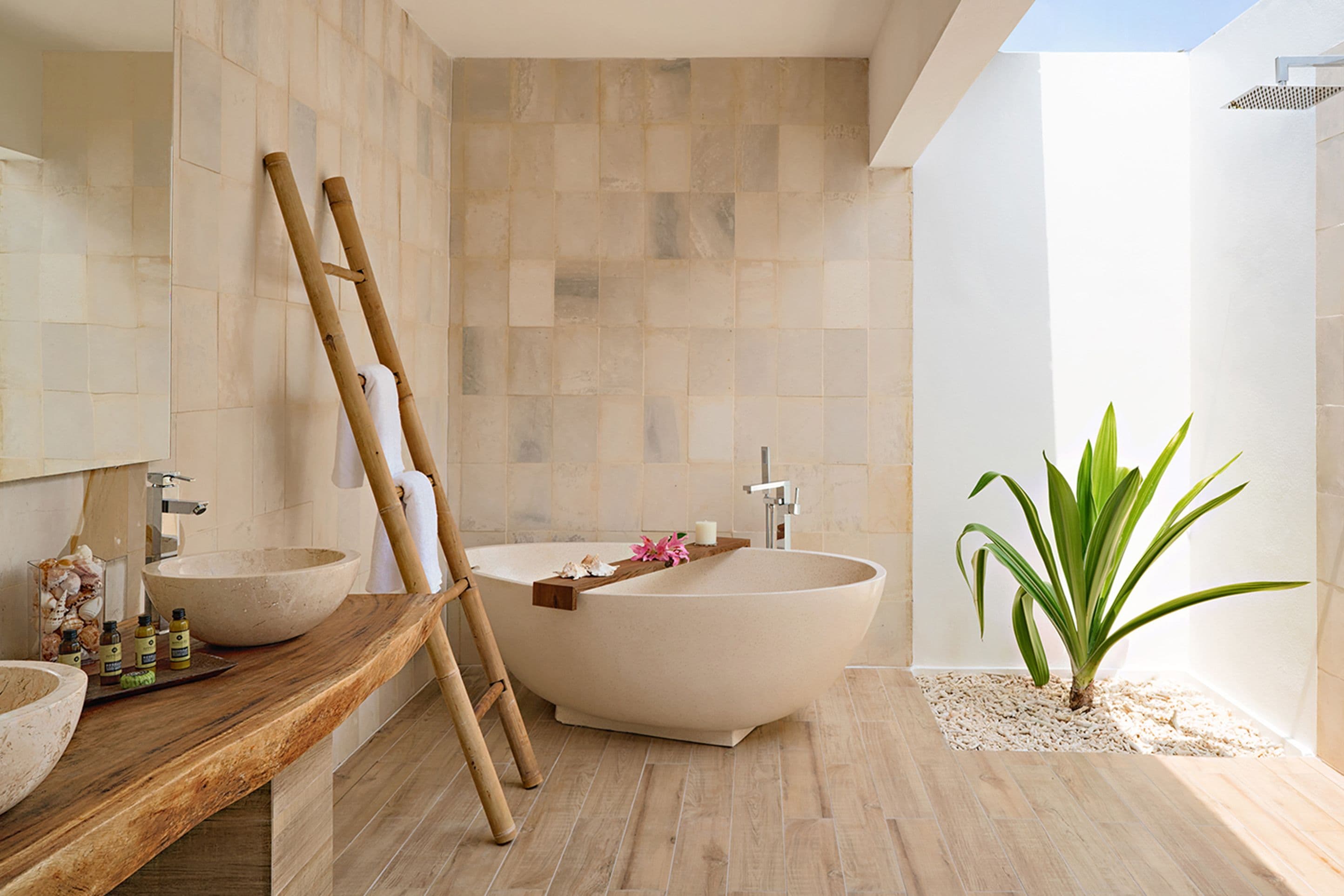 separate bathtub and shower, deep-soaking bathtub, rainfall showerhead