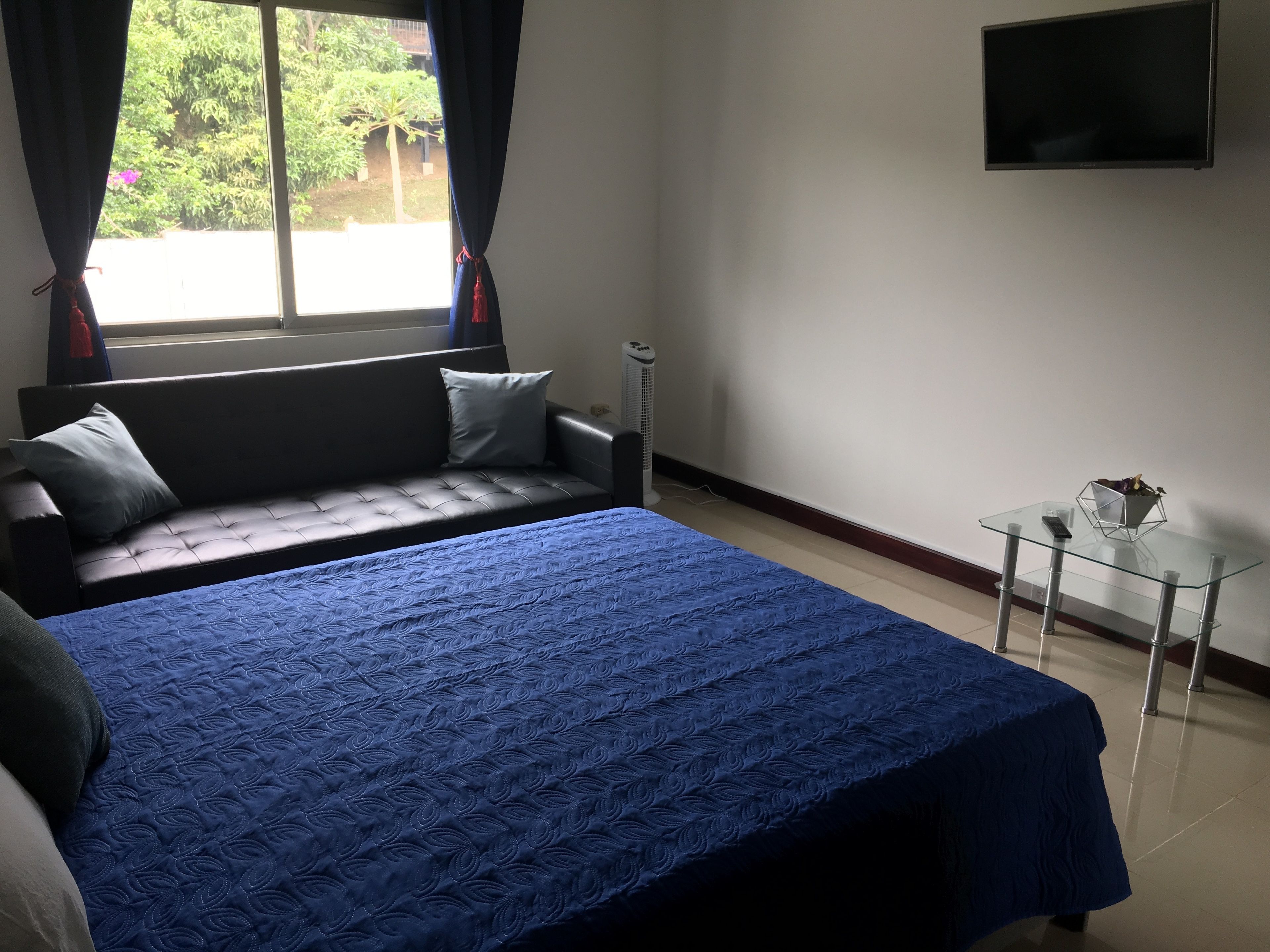 Een slaapkamer met een bed, een bank, een tafeltje, een televisie en een raam met gordijnen.