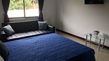 Een slaapkamer met een bed, een bank, een tafeltje, een televisie en een raam met gordijnen.