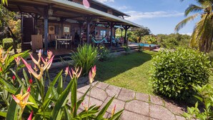 A covered outdoor area with a pool, surrounded by lush greenery and tropical plants. - El Caribeo - Nature Lodge (Tierra Oscura)