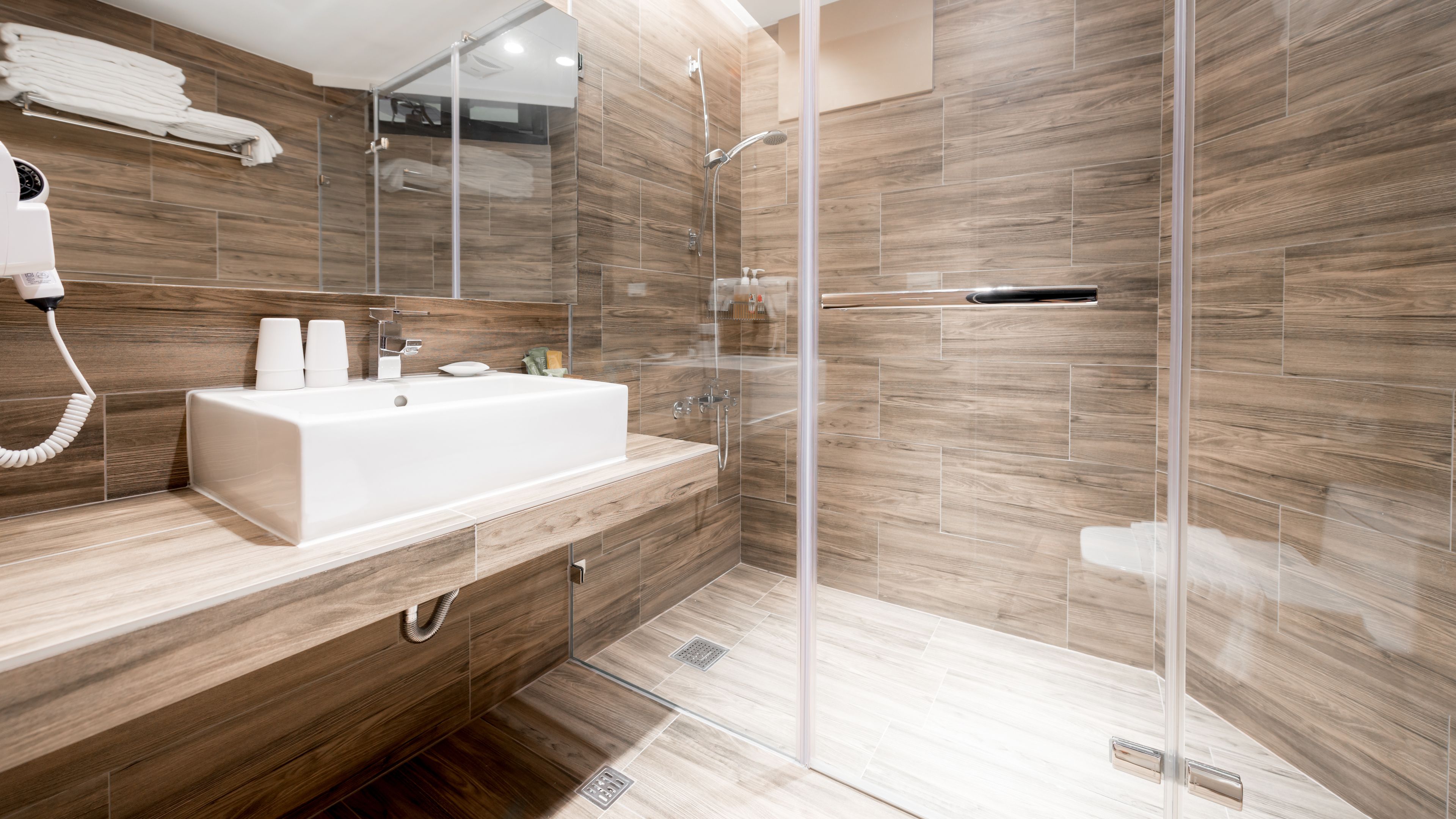 Shower, rainfall showerhead, hair dryer, slippers