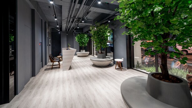 A modern interior with a wooden floor, seating areas, and indoor plants. - Wountain hotel (Hualien City)