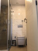 A modern bathroom with a glass shower enclosure, a toilet, and a trash bin.