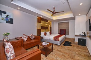 Super Deluxe Studio | Living area | 32-inch plasma TV with satellite channels, TV, fireplace - Staybook Hotel Nitya Maharani (New Delhi)