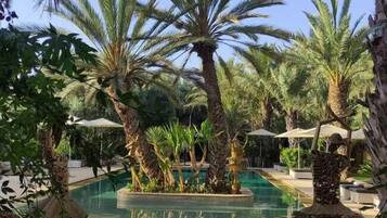 Zona de piscina con palmeras y cielo despejado.