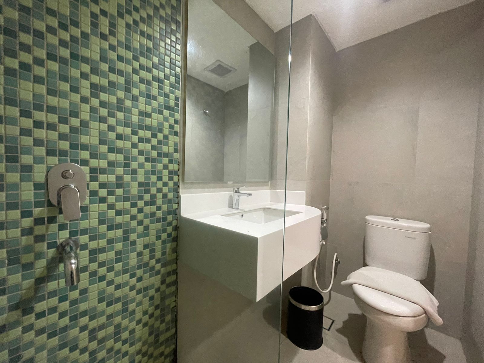 Un bany amb paret rebedeixida, un lavabo, un mirall, un vàter i un paperer negre.