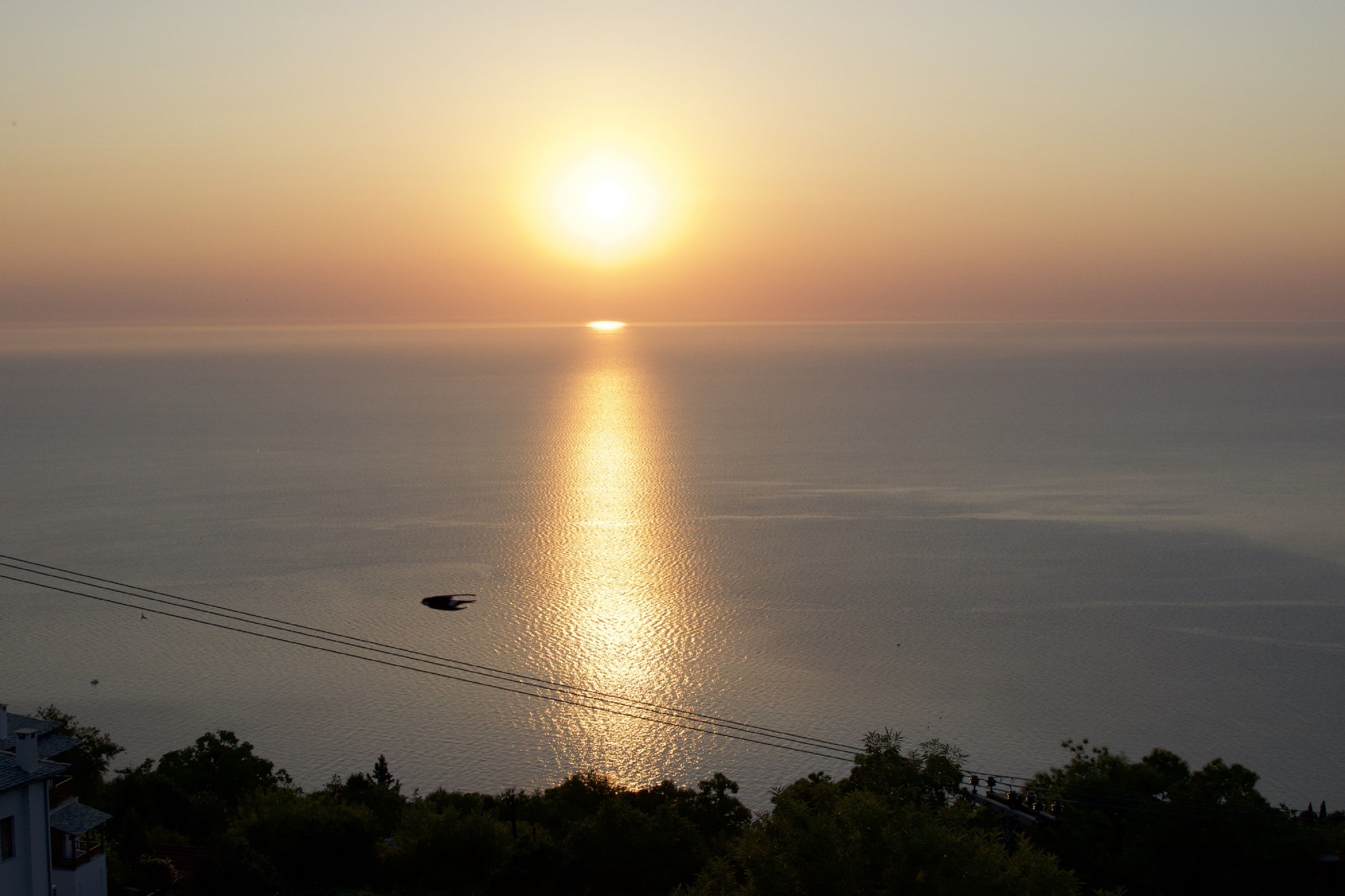 A sunset over a calm sea with a silhouette of a house and trees in the foreground.