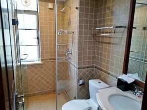 Shower, free toiletries, hair dryer, slippers