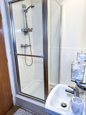 Bathroom features a glass-enclosed shower with handheld and fixed showerheads, a single sink with chrome faucet, and a soap dispenser.
