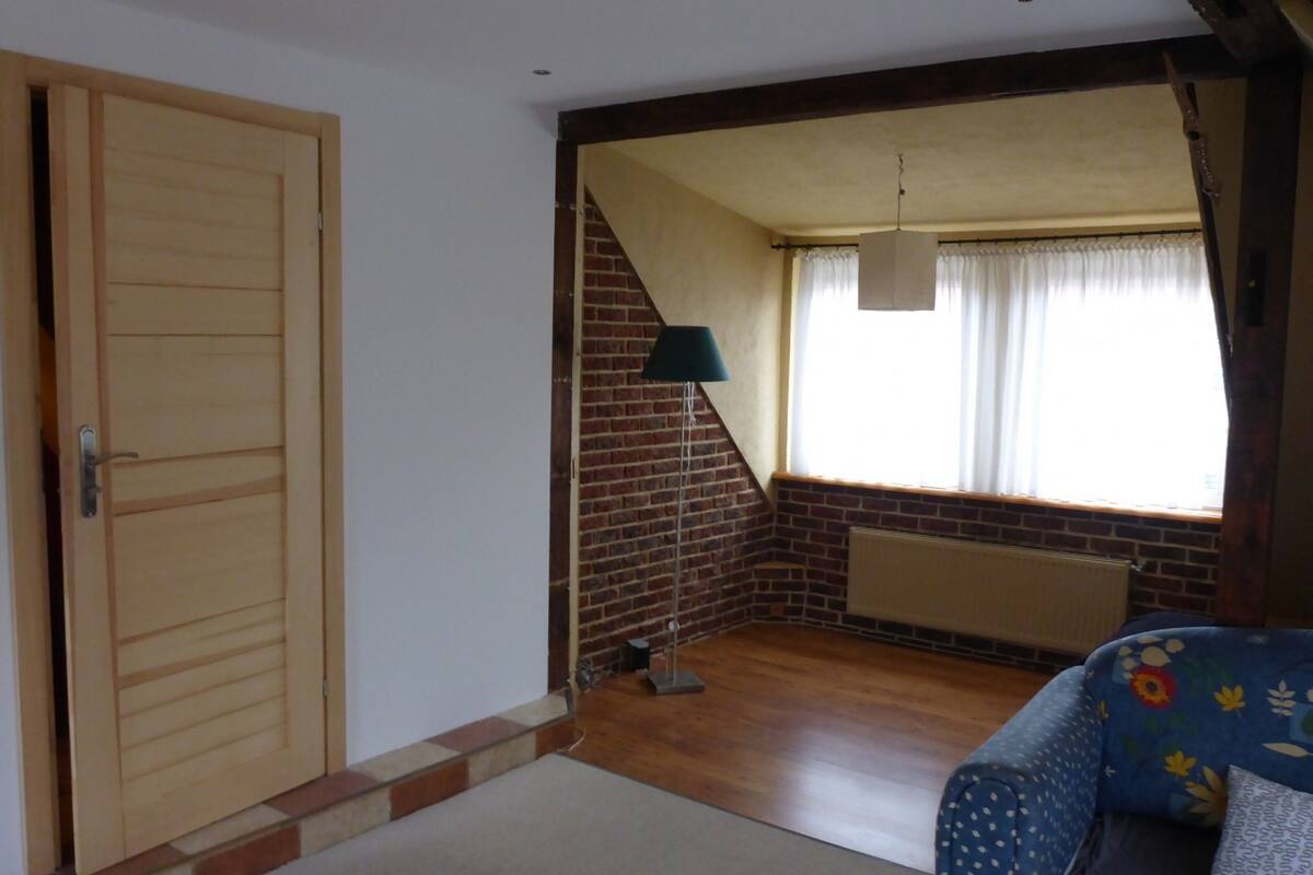 Une pièce avec une porte en bois, un mur en briques, un radiateur, une fenêtre avec des rideaux et un canapé bleu recouvert d’un tissu à motifs floraux.