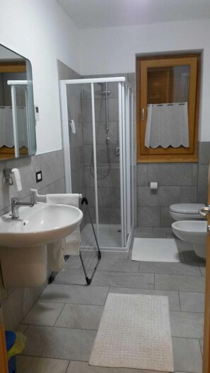 Comfort vierpersoonskamer | Badkamer | Een douche, gratis toiletartikelen, een haardroger, een bidet