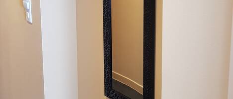 A hallway with a black-framed mirror on the wall, a white switch, and a dark floor.