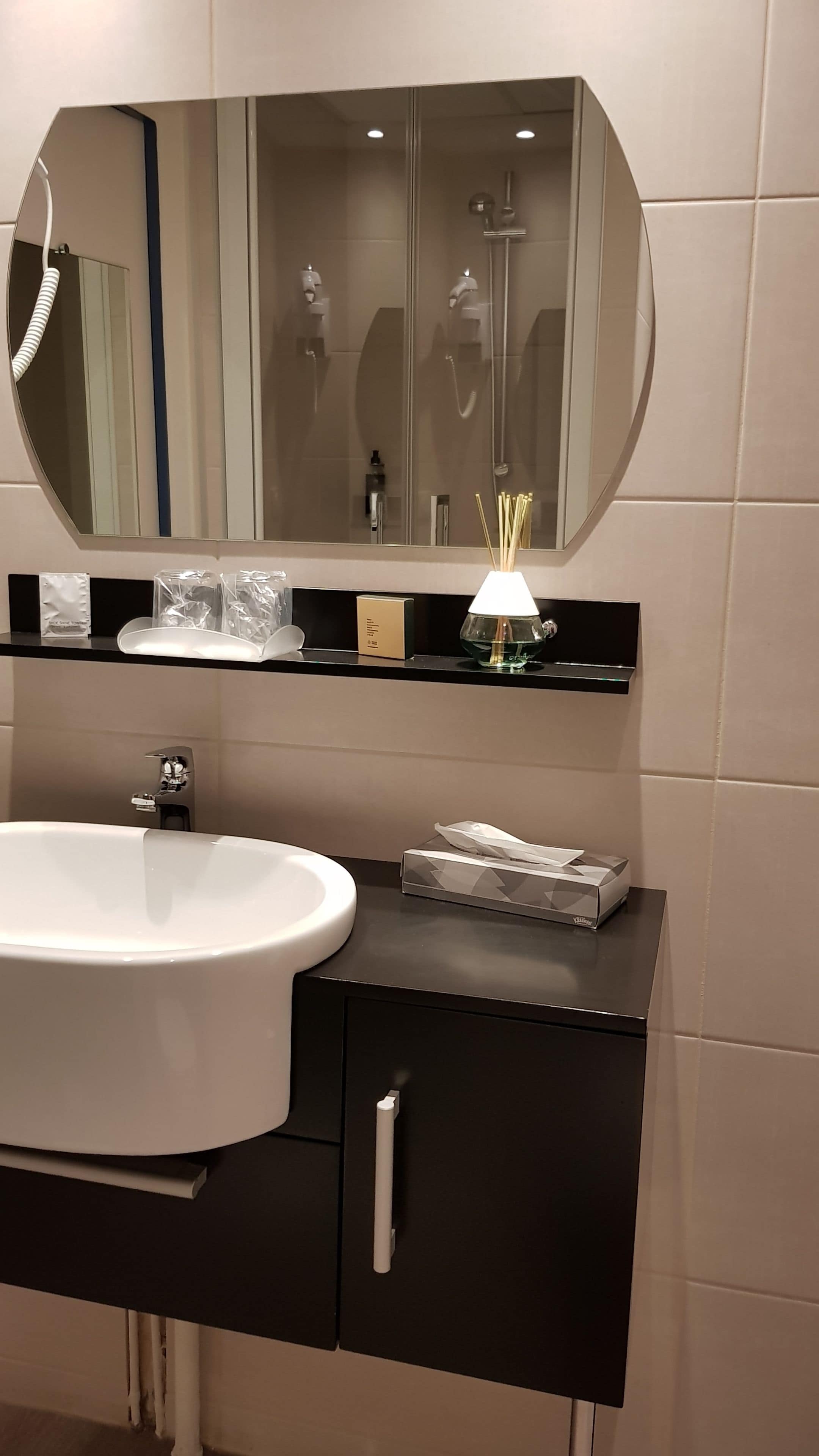 A bathroom with a large white sink, a mirror above it, and a black cabinet below.