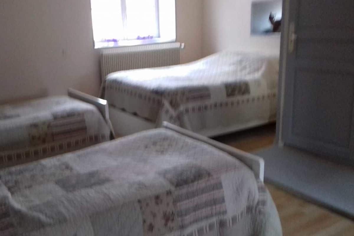 A room with two beds, a radiator, and a door.