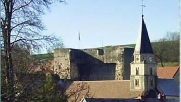 Una iglesia con un campanario alto y una torre de campanas, rodeada de edificios y árboles.