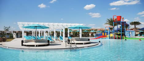 Outdoor pool, pool umbrellas, sun loungers