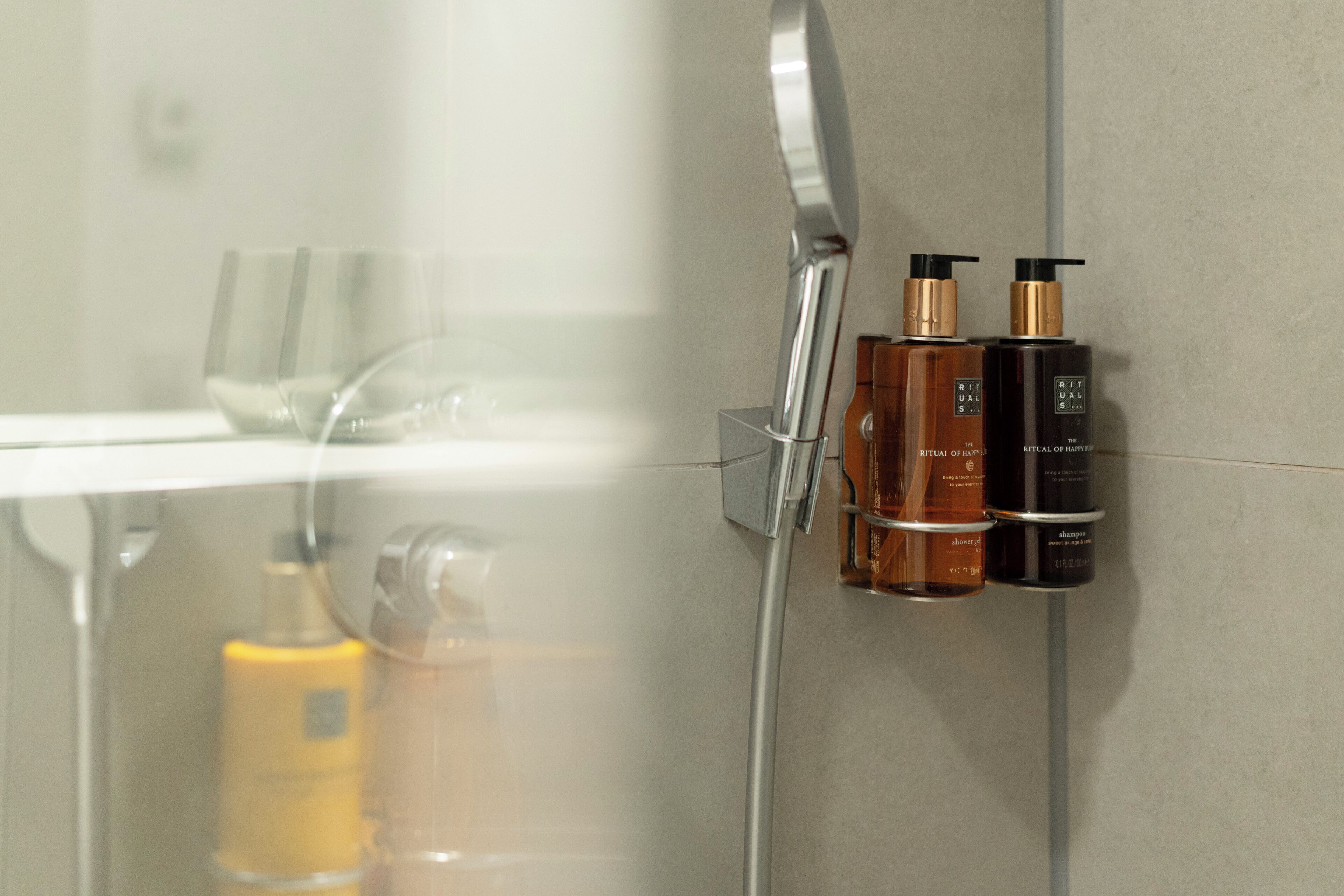 Une salle de bain avec une douche à parois de verre, un porte-serviettes et des articles de toilette fixés au mur.