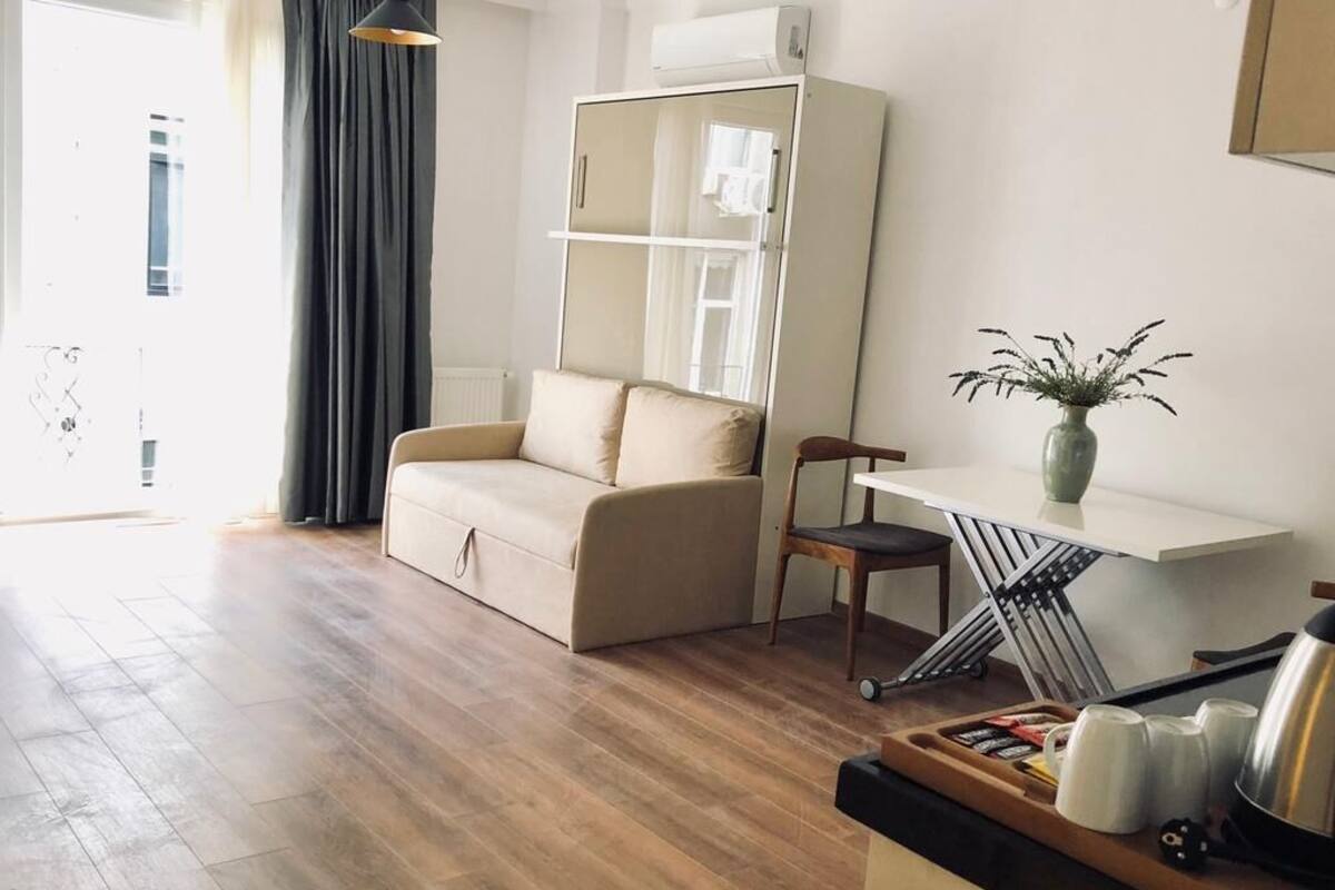 A modern living room with a sofa, a chair, a small table with a plant, and a radiator.