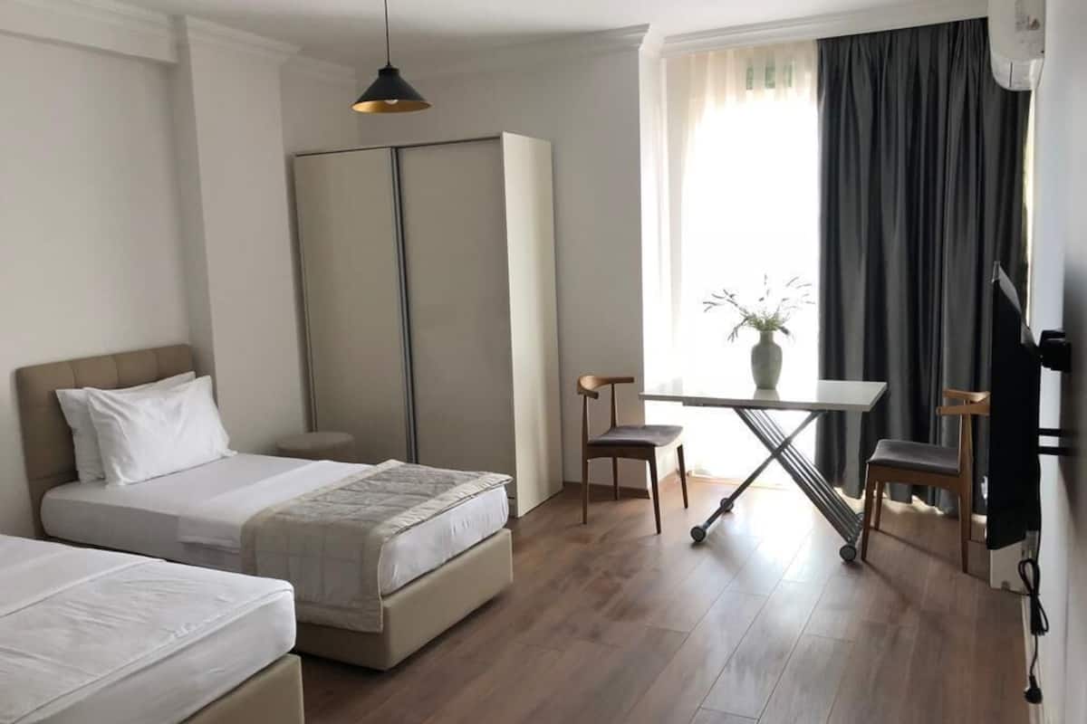 A hotel room with two beds, a desk, a chair, a potted plant, and a window with curtains.