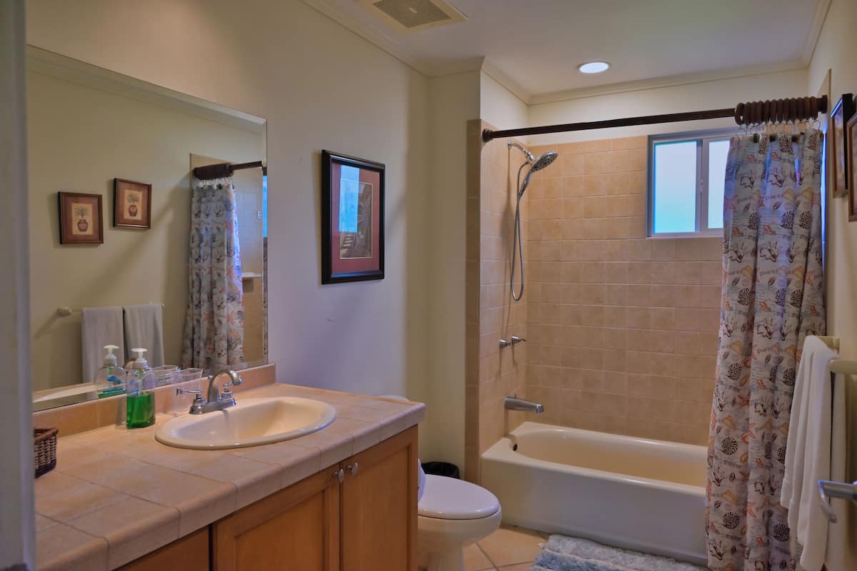 Combined shower/tub, deep soaking tub, designer toiletries, hair dryer