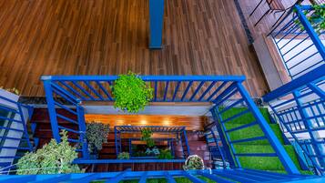 A modern staircase with blue railings, wooden flooring, and green plants.