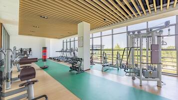 Un gimnasio con diversas máquinas de ejercicio, suelo verde y ventanas amplias.