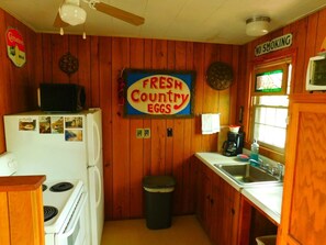 Turkey Ridge Cottage, River View | Private kitchen | Full-size fridge, microwave, oven, stovetop - Rock Eddy Bluff Farm (Dixon)