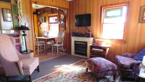 A cozy living room with a fireplace, a television mounted on the wall, and a patterned rug. - Rock Eddy Bluff Farm (Dixon)