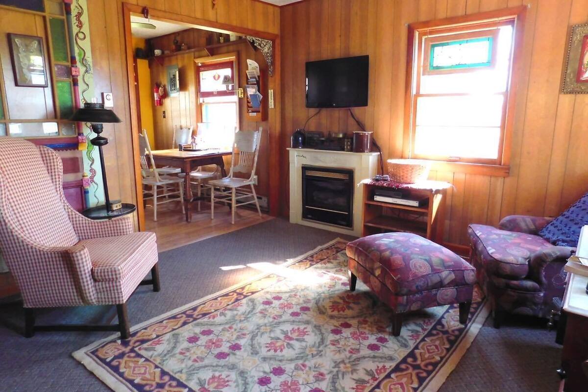 Una sala de estar acogedora con chimenea, televisor montado en la pared y un tapete estampado.