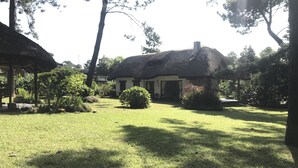 A thatched-roof house with a well-maintained lawn and surrounding greenery. - Verde Verde (Punta del Este)