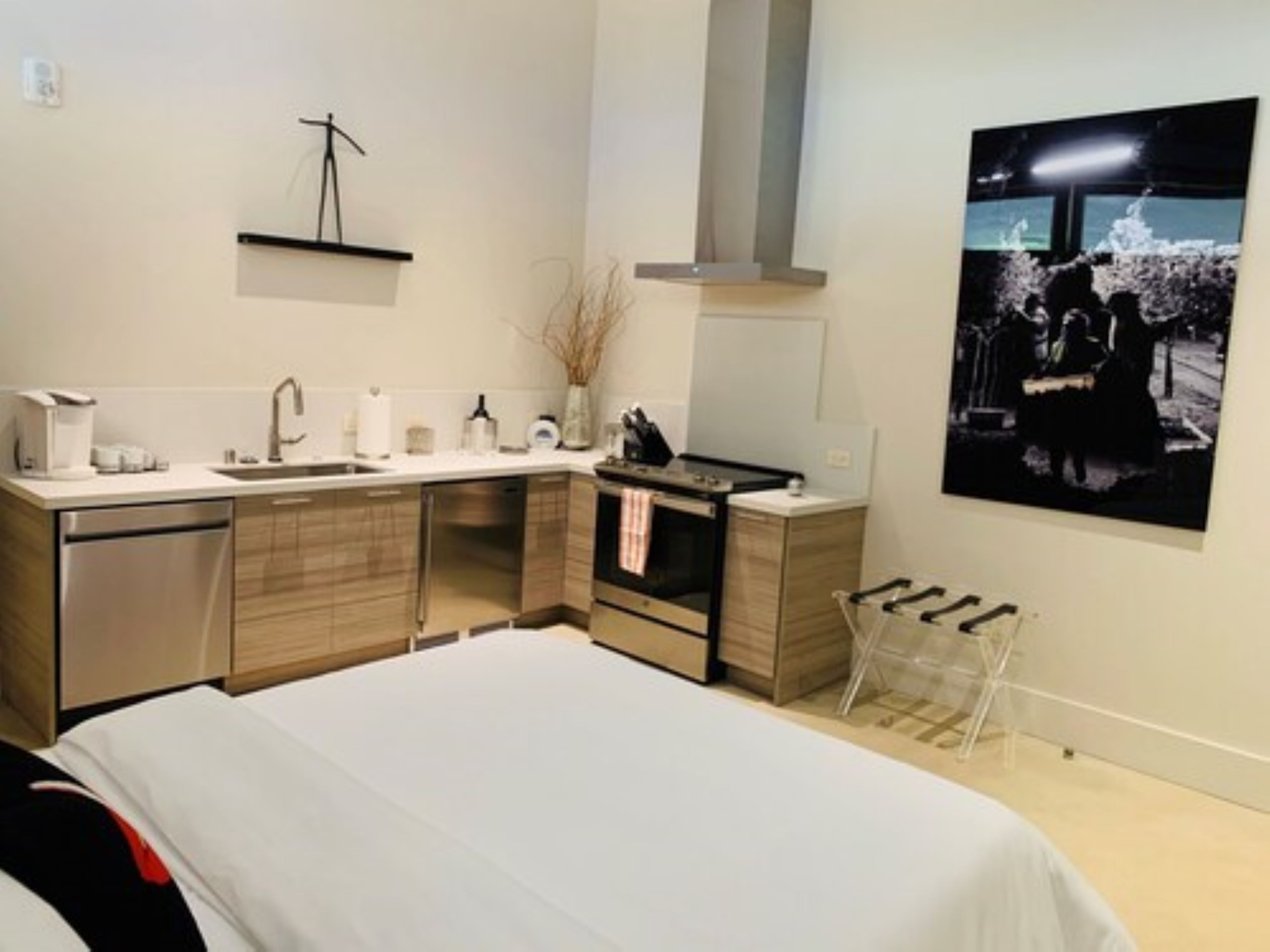 Une chambre d’hôtel moderne équipée d’un lit, d’une kitchenette, d’une petite salle de bain et d’une œuvre d’art accrochée au mur.
