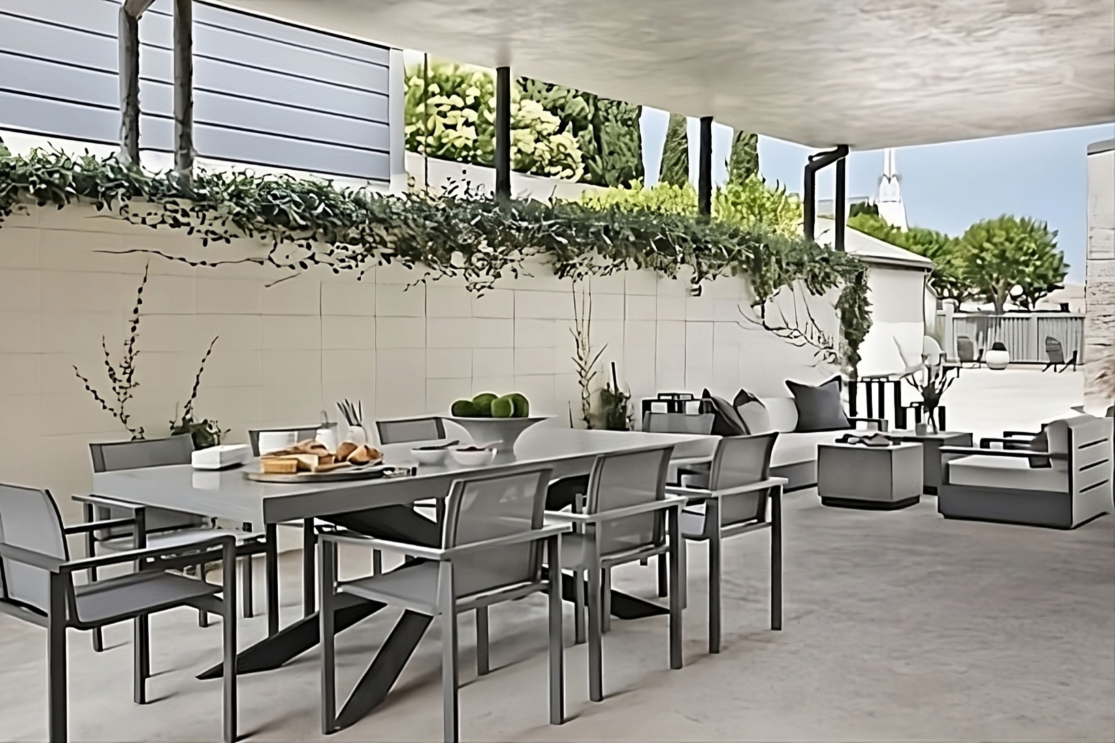 An outdoor dining area with a modern table and chairs, surrounded by a white wall with greenery.